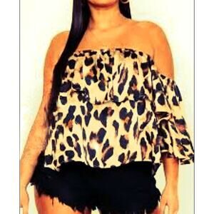 Boohoo Plus NWT Leopard print Bardot top one shoulder 20 brown tan black